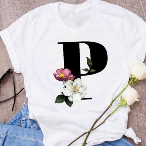 Women Graphic Letter P Elegant Cute Flower Clothes 90s Floral Lady Clothing Female Tees Print Tops T Shirt Womens T-Shirt