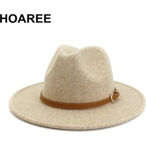 HOAREE Beige Wool Fedora Hat for Woman British Style Mens Fedora Hat with Belt Casual Unisex 2021 New Fall Winter Wide Brim Hat