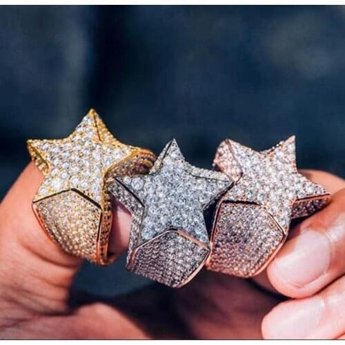 VAGZEB Fashion Star Rings Gold Silver Color Full Iced Cubic Zirconia Hiphop Ring Jewelry For Men And Women Drop Shipping