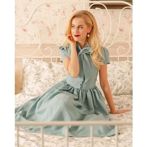 Vintage Dress Women Turn-Down Collar Short Sleeve Slim A-Line Dresses Women 21 Summer Elegant Bow Retro Dress Female CX2035