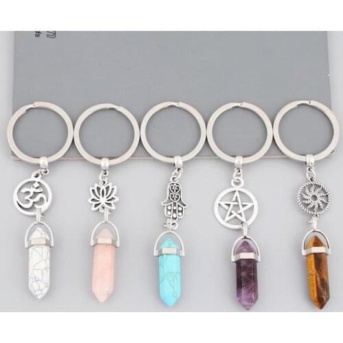 1Pc New Arrival Natural Quartz Stone KeyRing Yoga OM Pendant Keychain Women Bag Hangle Car Jewelry Accessories E2505-E2509