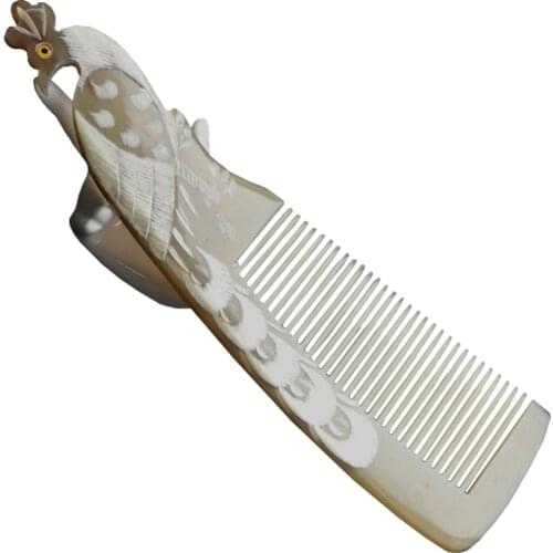 100% Natural Genuine White yak horn comb Handmade Long-handled White peacock carving health care hair comb antistatic