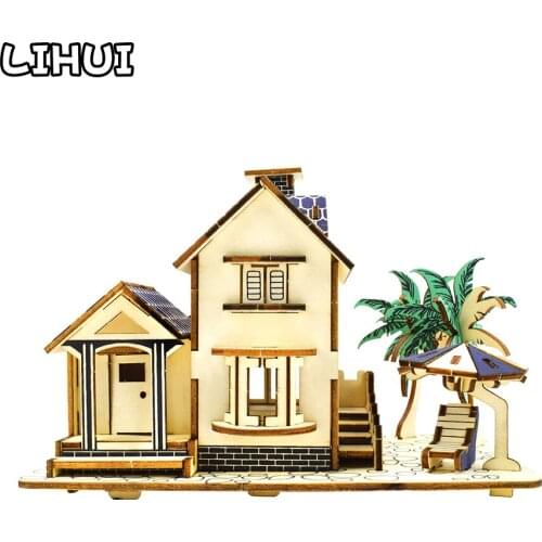 3D Wooden Puzzle Toys Jigsaw Architecture DIY Sea View Villa House Construction Pattern Kids Puzzles Educational Wooden Toy Gift