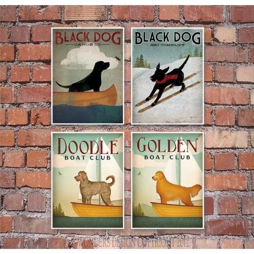 Animal Abstract Painting Retro Poster Black Dog Skiing Yellow Dog Golden Retriever Room Home Decoration Wall Art Graffiti Boat