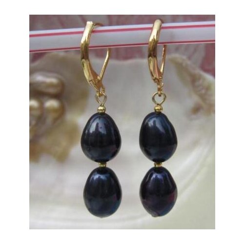 Free shipping AAA 8mmX10mm Black Baroque Pearl Earrings 14K/20 YELLOW HOOK
