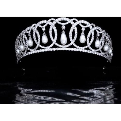Funmode Big Luxury Pearl Cubic Zircon Tiara Crown For Women Diademas Hair Accessory Wedding Dress Jewelry Wholesale FC22