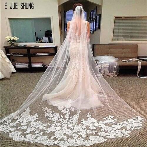 E JUE SHUNG Long Applique Bridal Veils One Layer White Ivory Wedding Veil Cheap Wedding Accessories Head Veils For Bride