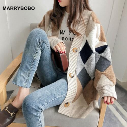 Vintage Plaid Print Knitted Cardigans Women Autumn Winter Sweaters 2020 Casual Korean Long Sleeve Loose Outerwear Tops