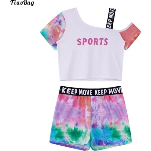 TiaoBug Summer 2Pcs Kids Girls Tie Dye Letters Print Sport Suit Asymmetrical Shoulder Strap T-Shirt And Shorts Set Tracksuit