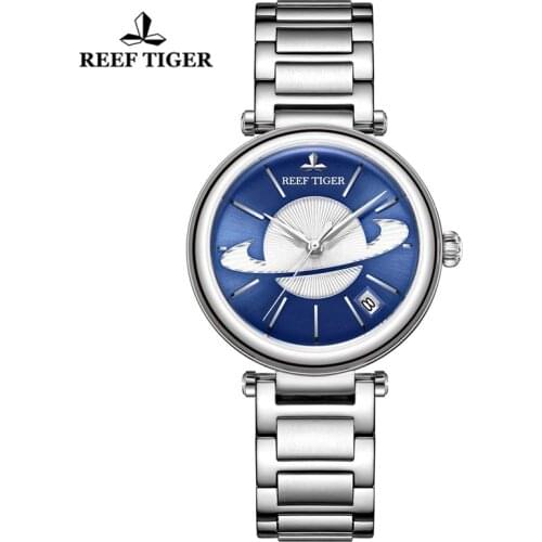 Reef Tiger/RT Fashion Blue Women Watch Luxury Steel Exquisite Watch Brand Luxury Automatic Mechanical Watches reloj mujer