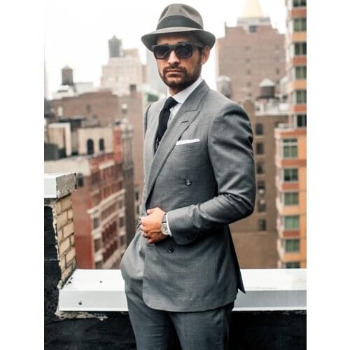 ANNIEBRITNEY Double Breasted Grey 2 Piece Slim Men Formal Suit 2020 Groom Wedding Tuxedo Custom Prom Wedding Business Men Suit