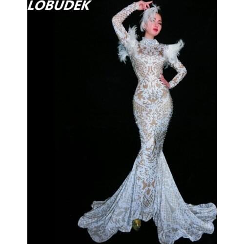 Full Rhinestones Feathers Sleeve Long Fishtail Dress Singer Vocal Concert Mermaid Dress Host Evening Performance Tailing Dresses