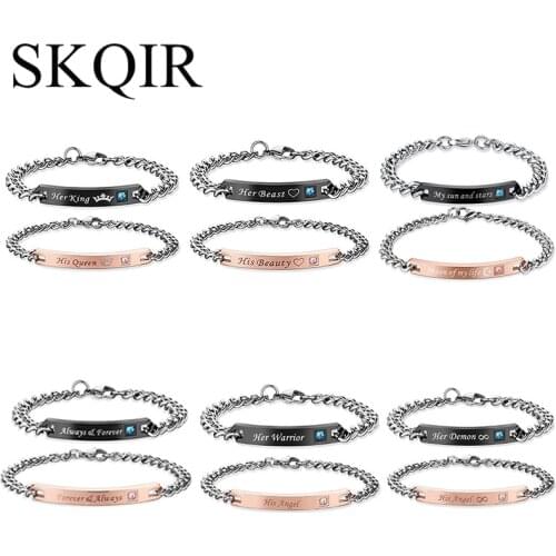 Rose Black Steel His Queen Angel Her King Demon Always Forever Letters Bracelet Couple Bangle Men Jewelry Pulsera Love Wife Gift