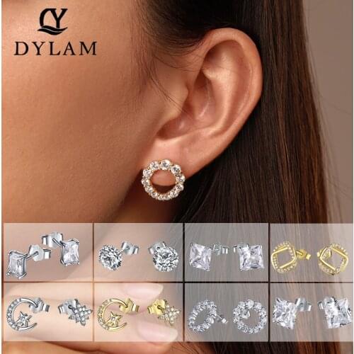 DYLAM 100% Silver S925 earrings 5A zircons Golden classic style square zircon for women wedding Party