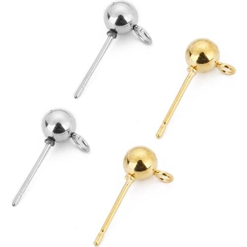 20pcs/lot Surgical Stainless Steel 3 4 5 6mm Round Ball Earrings Stud Post with Loop Fit Women DIY Earring Jewelry Making Craft
