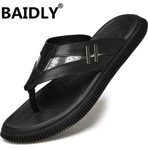 BAIDLY Summer Genuine Leather Mens Casual Slippers Flip-Flops Fashion Sandals Men Shoes Sandles Slide Beach Sandalias Hombre