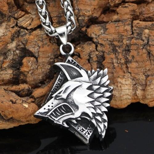 Nordic Viking Geri and Freki Stainless steel Wolf Rune Necklace with Valknut gift bag