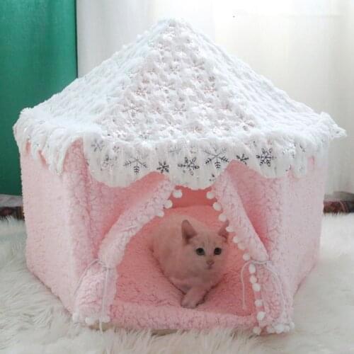 Sweet Cat Bed Dog Tent Comfy Pink Pet House Cotton Dog Kennel Portable Kitten Teepee Foldable Sleeping Mat Cat Cave Pet Products