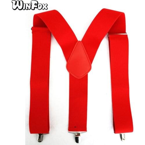 Winfox Vintage Black Red 5cm Wide Elastic Adult Suspender Solid Pants Braces Male Suspenders Men 3 Clip-on