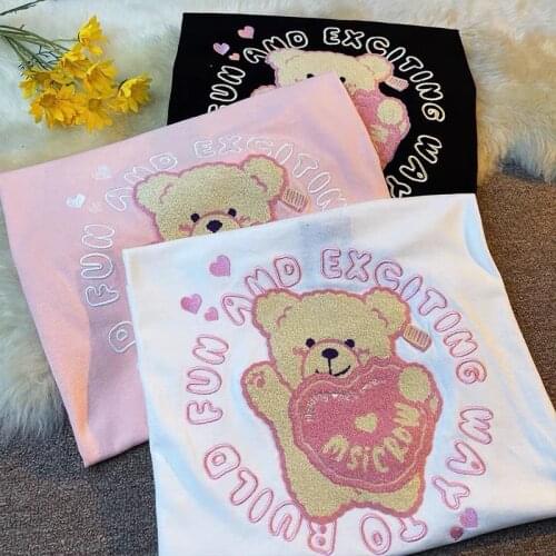 Vintage Letter Bear Embroidery T Shirts Teens Girls Plus Size Summer Tops O-neck Short Sleeve Plus Size Kawaii Students T-shirt