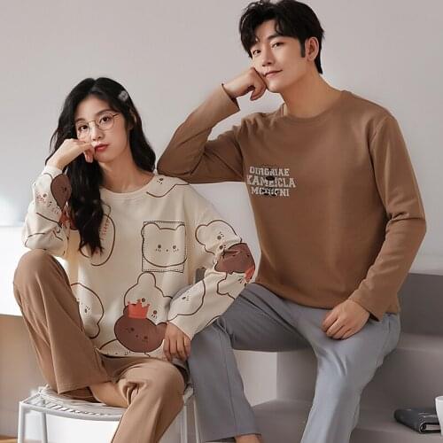 Vintage Brown O-Neck Long Sleeve Couple Pajamas Set Cotton Warm Winter Lovers Homewear Cartoon Little Bears Women Cute Sleepwear