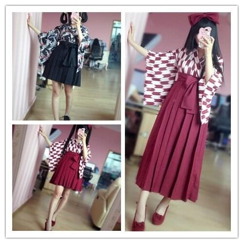 Japanese Kimono Style Pleasted Skirt Long/Short Version Red/Black with Sashes Bow Cute