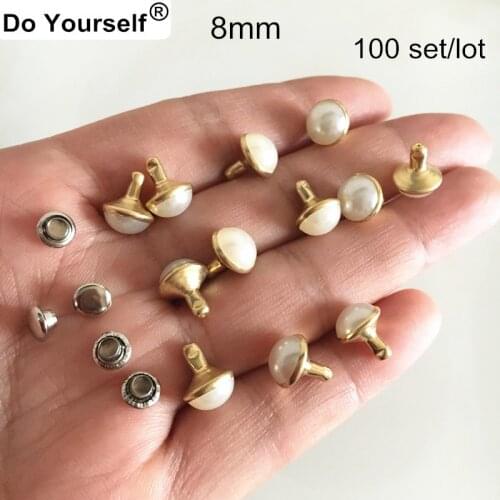 Free Shipping - Domed White Pearl & Gold Base Rivet Spike -8mm - DIY Bags,Leather,Clothes - Punk Style - 100 Sets