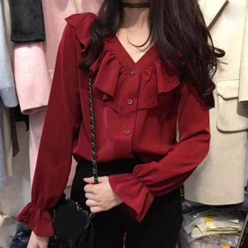 Women Autumn Long V Neck Ruffle Hem Shirt Buttons Chiffon Blouse Top Womens Clothing блузка женская ropa de mujer