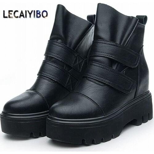 Increasing Height Military Women Cow Leather Round Toe Ankle Boots Platform Wedge High Heel Oxfords Pull On Creeper Shoes 34 -39