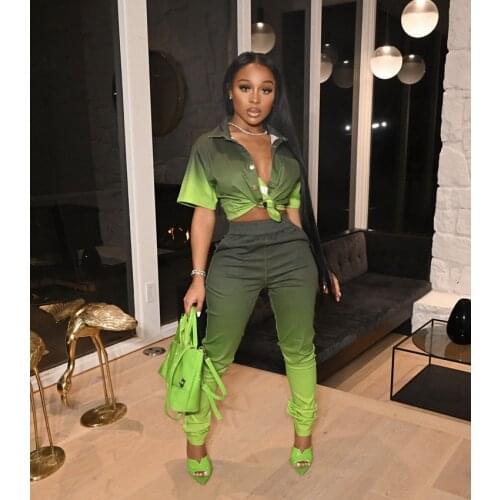 2021 Best Quality Famous Brand 2 pcs Women Set Gradient Turn-down Collar Blouse and Long Pants Office Lady Outfits