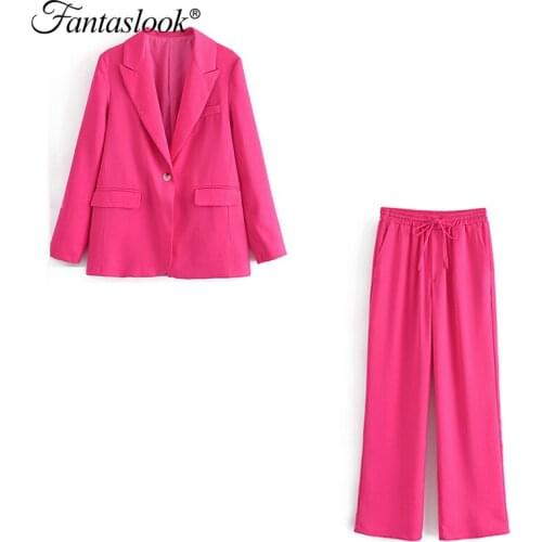 Office Blazer Two Piece Set Women Single Button Satin Coat Suits Autumn Solid Casual Set Straight High Waist Trousers Suits