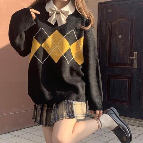Korean Sweaters Women Argyle Pullovers Winter Geometric Pattern Tops Ladies Casual Oversized Knitted Sweaters Pull Femme 2021
