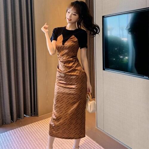 Korean Style Vintage Short Sleeve O-Neck Midi Party Dress Ladies Elegant Coffee Break Casual Robe Female Split Satin Beach Dress