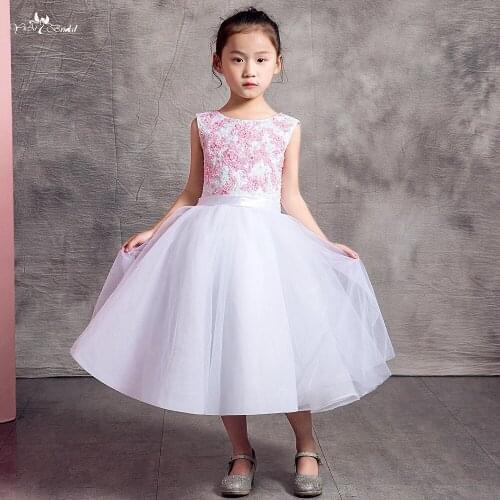 FG88 Sleeveless Pink Flower Girl Dress V Back Big Bow White Communion Dress