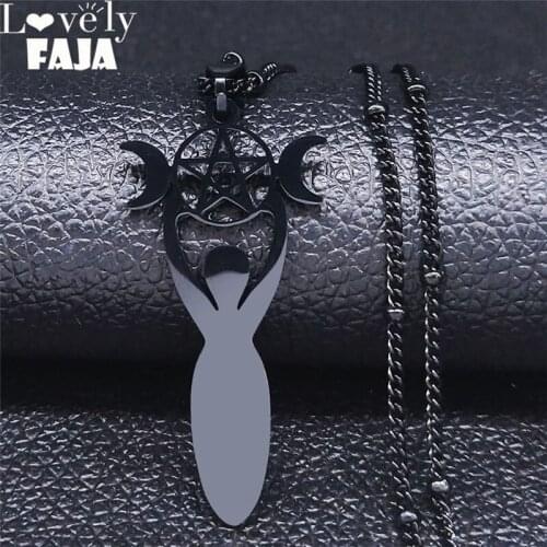 2021 Witchcraft Goddess Pentagram Moon Stainless Steel Necklace Women Black Color Charm Necklace Jewelry collares N4219S03
