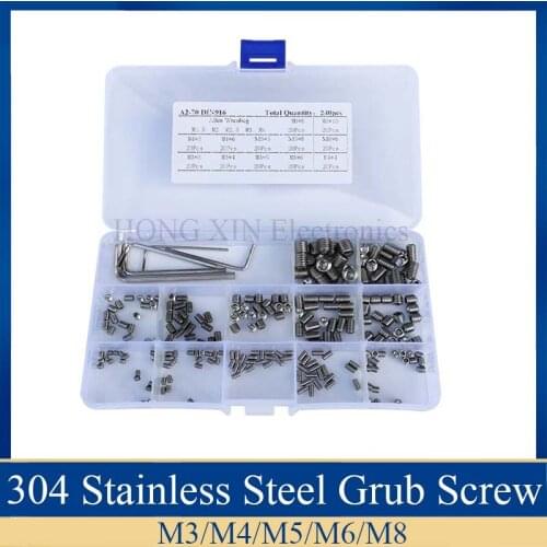 240pcs/Set Cup Point screw M3/M4/M5/M6/M8 Hex Thread Stainless Steel PC Assortment Grub Screws Bolt Assortment Socket kit