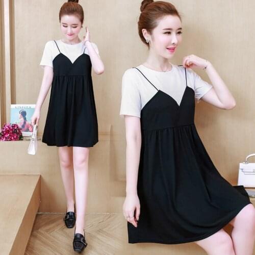 9885# Maternity Clothes Summer Short Sleeve Easy Matching Loose false two-piece Dress for Pregnant Women Mom Dress