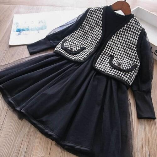 Girls sets 2021 fashion new fall baby girl black dress and plaid vest 2piece suits wholesale