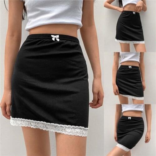 2021 Fashion Trend Womens Skirt Lace Hem Elastic Waist Bow Decoration A-Line Summer Leisure Fitting Mini Skirts Buttoms