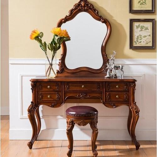 European Style Bedroom Solid Wood Dressing Table and Table Combination Set American Style Carved Small Apartment Dressing Table