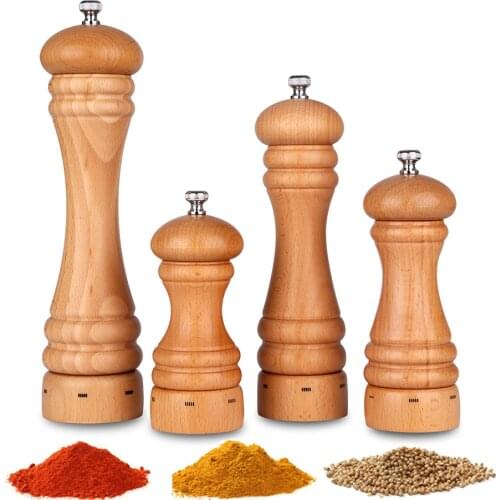 Mokithand Beech Wood Pepper Mills Set Food Salt Grinder Kitchen Tools Food Safe Carbon Steel Grinder 5' 6' 8' 10' Hand Movement