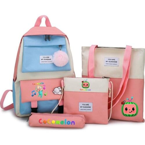 2021 New CoCoMelon JJ four-piece school bag simple cartoon printing pencil case shoulder bag school bag set Student stationery
