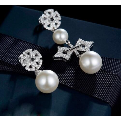 New Luxury Micro Pave AAA Top Zircon Crystals Pearl Dangle Earrings Bow Flower Asymmetry Earrings F Brand for Women