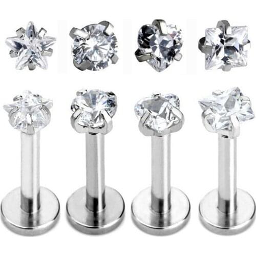 50 pcs/lot Heart CZ Zircon Labret Lip Piercing Jewelry Surgical Steel Cartilage Tragus Ear Studs Screw Nose Ring Eyebrow Jewelry