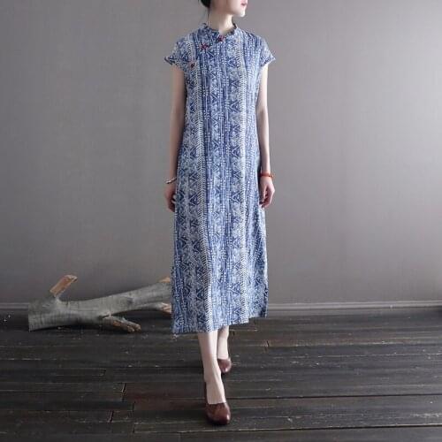 Cotton Linen Traditional Chinese Dress Qipao Summer Cheongsam Oriental Dress Vintage Floral Printed Sundress Vestidos 11765