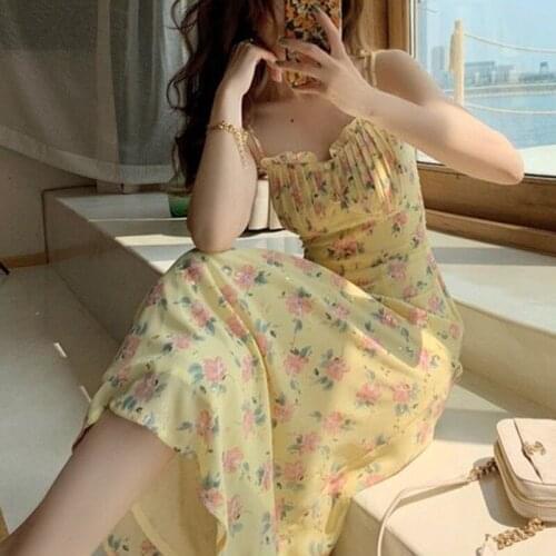 Hstar Beach One Piece Dress Office Lady Summer Sleeveless Elegant Strap Dress Women Square Collar Vingate Floral Midi Dress