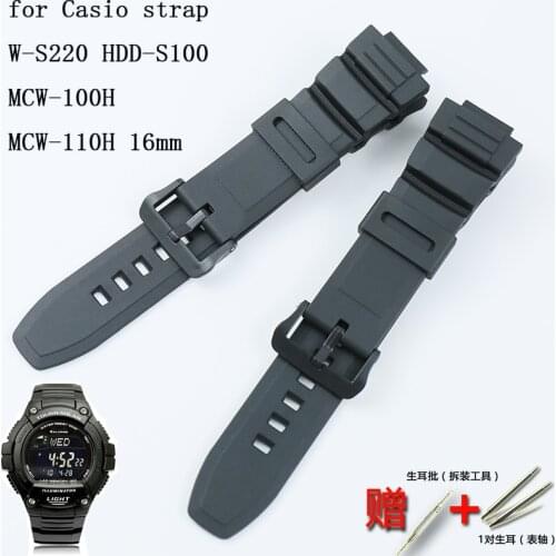 Watch accessories pin buckle Men silicone strap for Casio resin strap W-S220 HDD-S100 MCW-100H MCW-110H 16mm sports rubber strap