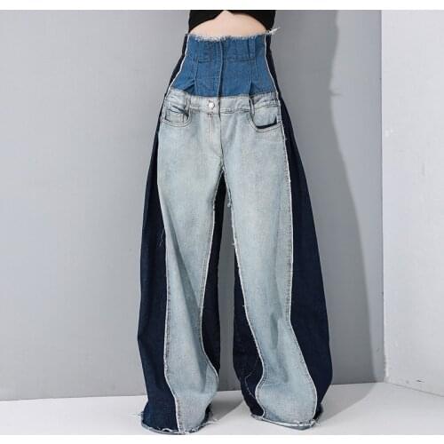 Wide Leg Denim Trousers Plus Size Baggy cowboy pants Contrast spliced jeans High Waist Loose Hip Hop street cowboy Trousers