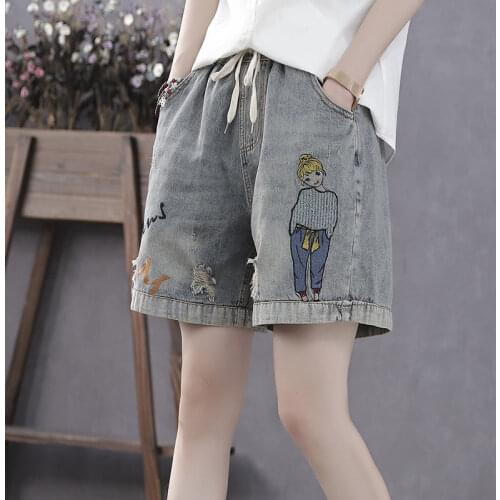 Summer Loose High-waisted Denim Shorts Women Wild Self-cultivation Embroidery Elastic Waist Embroidery Retro Straight-leg Pants