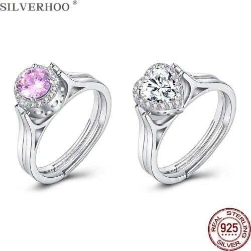 SILVERHOO Romantic 925 Sterling Silver Rings For Women Reversible Cute Heart Cubic Zirconia Adjustable Wedding Engagement Ring